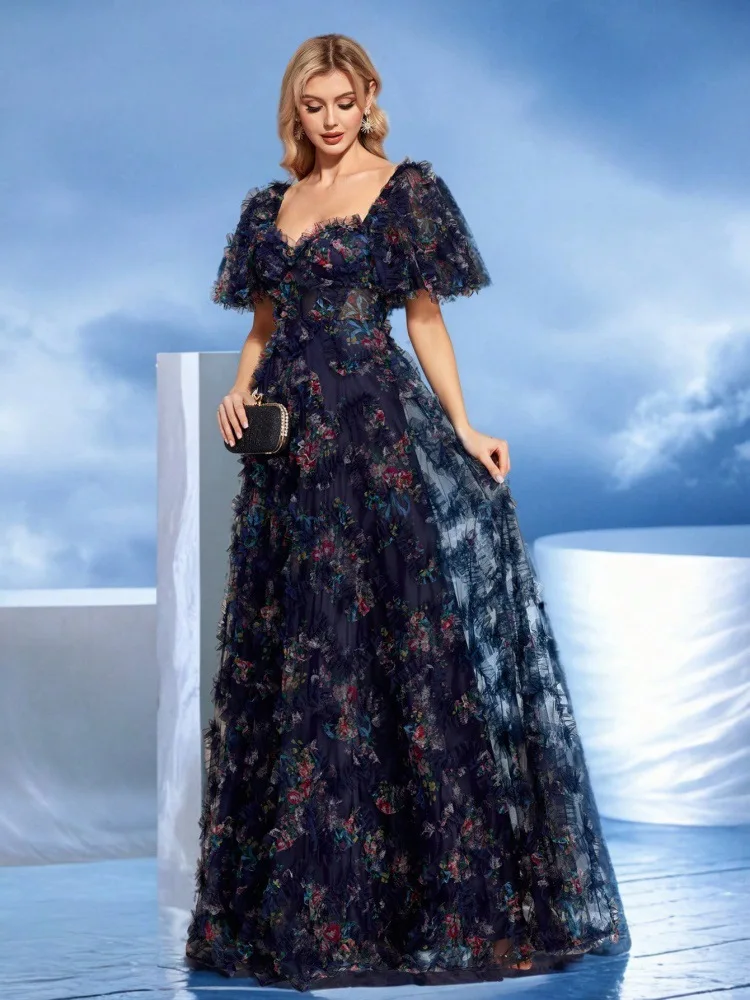 

New Luxury Muslin Evening Bandage Dress Mermaid Prom Grown Formal Short sleeve floral Fashion Party Cocktail Long Vestidos