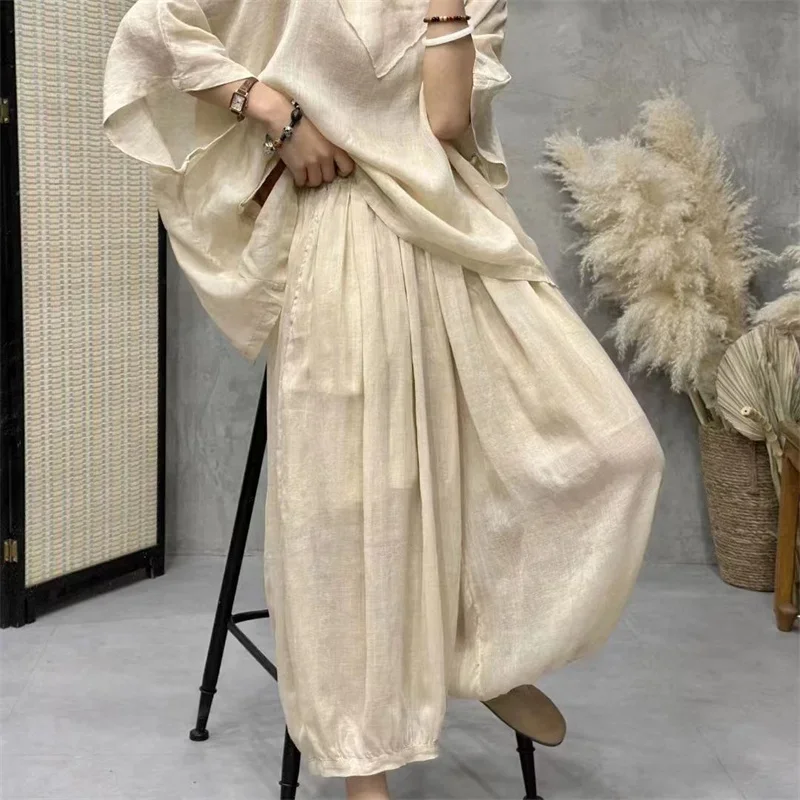 Loose Ramie Set For Women Large Size With Bat Sleeves V-neck Cotton Linen T-shirt Casual Lantern Pants Two-Piece Set For Summer