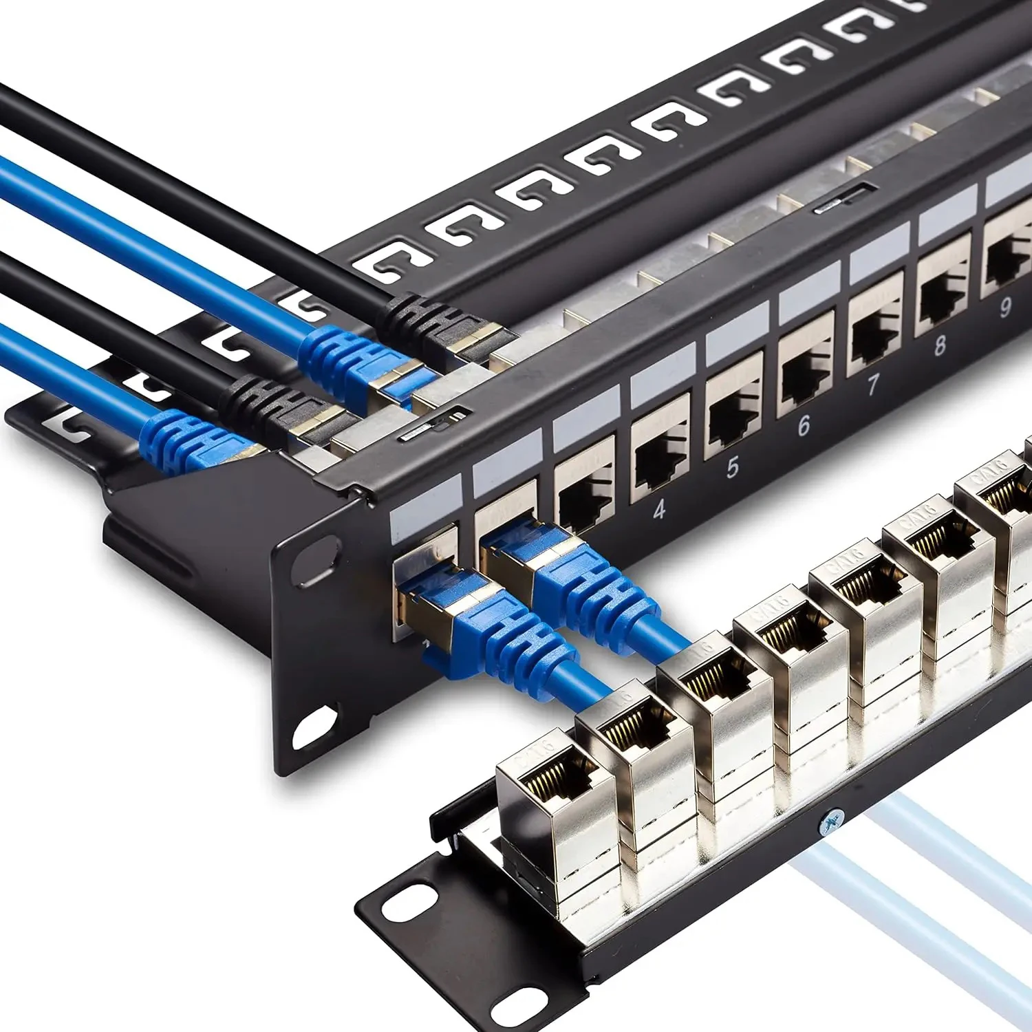 ZoeRax Panel de parche RJ45 de 24 puertos Cat6/Cat6a/Cat7, Panel de conexión de red acoplador RJ45 de 19 pulgadas