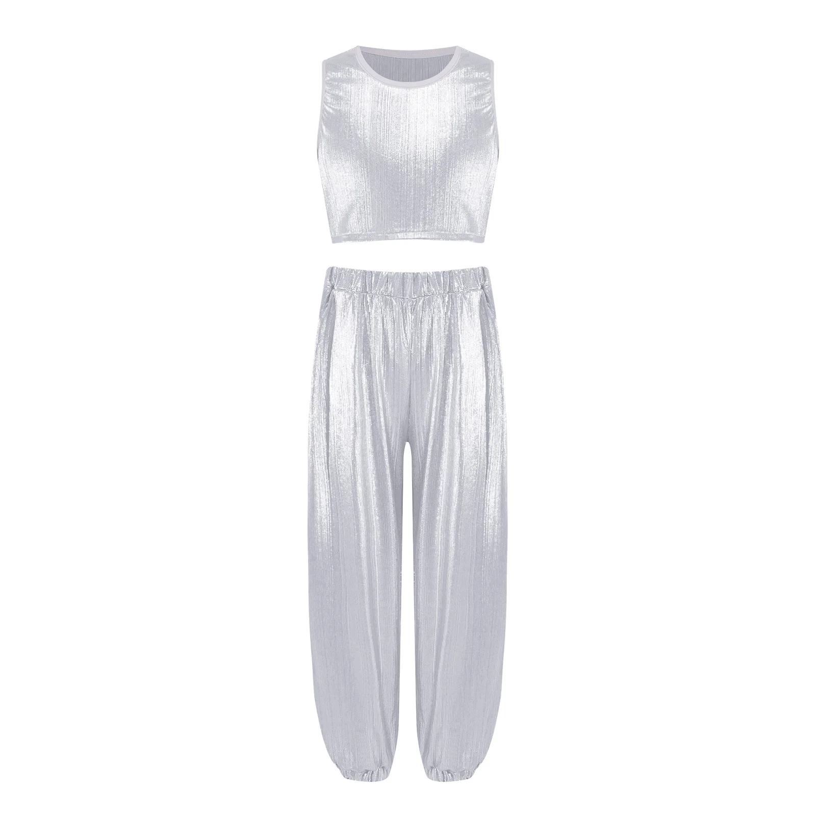 Kinder Mädchen Hip-Hop-Cheerleading-Auftritts-Kostüm Jazz-Tanz-Outfit Metallisch Geripptes Tanz-Outfit Ärmellose Weste mit Hose – Detail 25