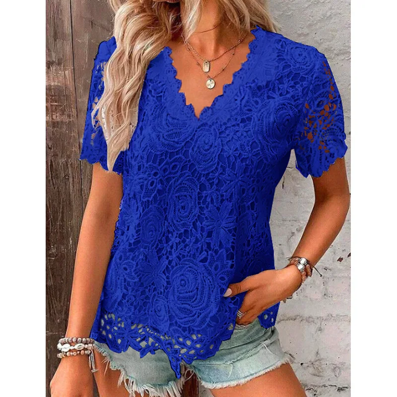 Summer Women\'s 2024 New Pullover V-neck Spliced Lace Hollow Out Jacquard Slim Fit Solid Color Fashion Elegant Short Sleeved Tops