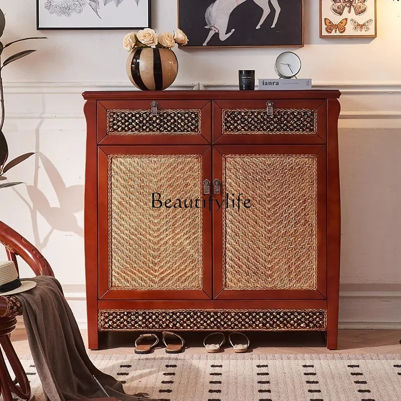 

Retro Rattan Shoe Cabinet Nordic Home Solid Wood Sideboard luxury home decor