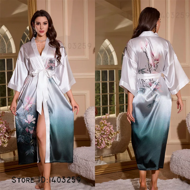 Female Long Robe Loungewear Elegant Chinese Style Kimono Bathrobe Gown Negligee New Silky Satin Sleepwear Nightgown Loose Pajama