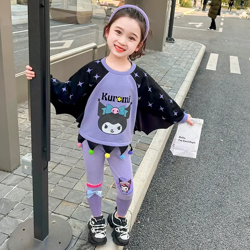 Anime Sanrio Girls Sweatshirt Suit Cartoon Kuromi Kids Wing Tops Cute Leggings Spring Autumn Fashion Kids Clothes Birthday Gifts