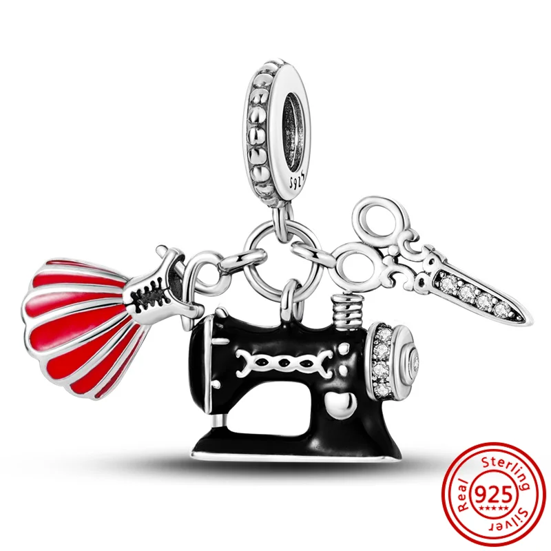 Prata Air Blower Scissors Comb, máquina de costura batedor, Rega Pot, Pá Ferramenta Pingente, Beads Fit Pandora Charms Pulseira, 925 Prata, Novo