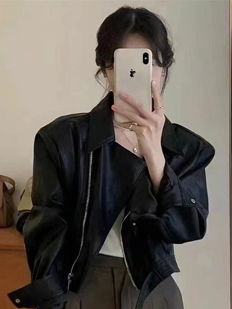 

Модная универсальная женская кожаная куртка-косуха на осень-зиму, новый дизайн, стильная верхняя одежда на молнии, свободный крой, длинный рукав