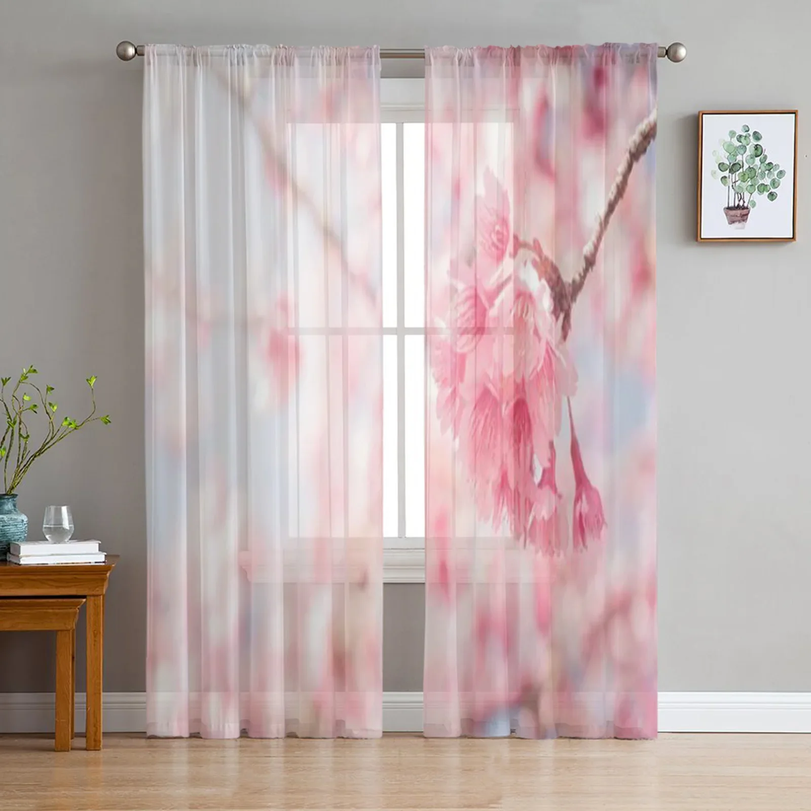 Pink Cherry Blossom Tulle Sheer Window Curtains For Living Room The Bedroom Modern Chiffon Voile Organza Curtains Decor Drapes