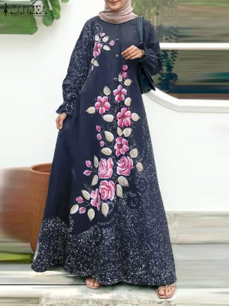 ZANZEA Elegant Floral Printed Sundress 2024 Vintage Muslim Dubai Turkey Dress Women Long Sleeve Abaya Hijab Islamic Clothing