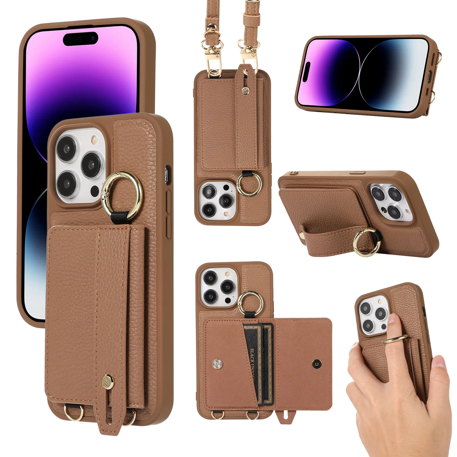 

Wallet Shoulder Strap Case For iPhone 16 Pro Max 13 11 12 14 15 Pro Max 16 Plus Finger Ring Leather Card Slots Lanyard Cover