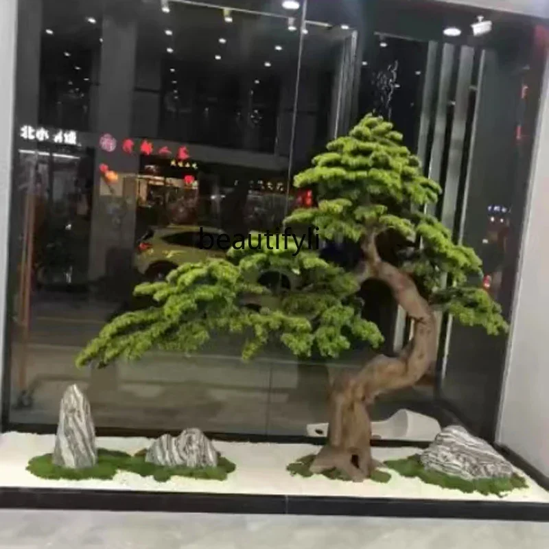 Simulated welcome pine fake tree Luo Hansong black pine hotel lobby root carving floor ornament landscaping