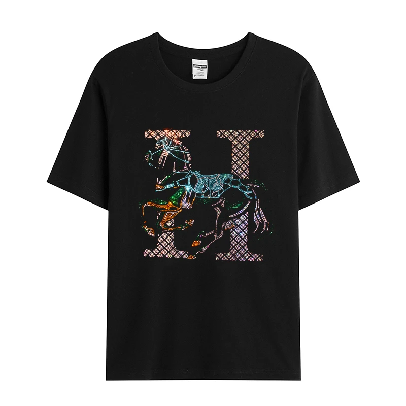 High Quality Summer Men's Cotton T-Shirt with Shiny Rhinestone Steed Design