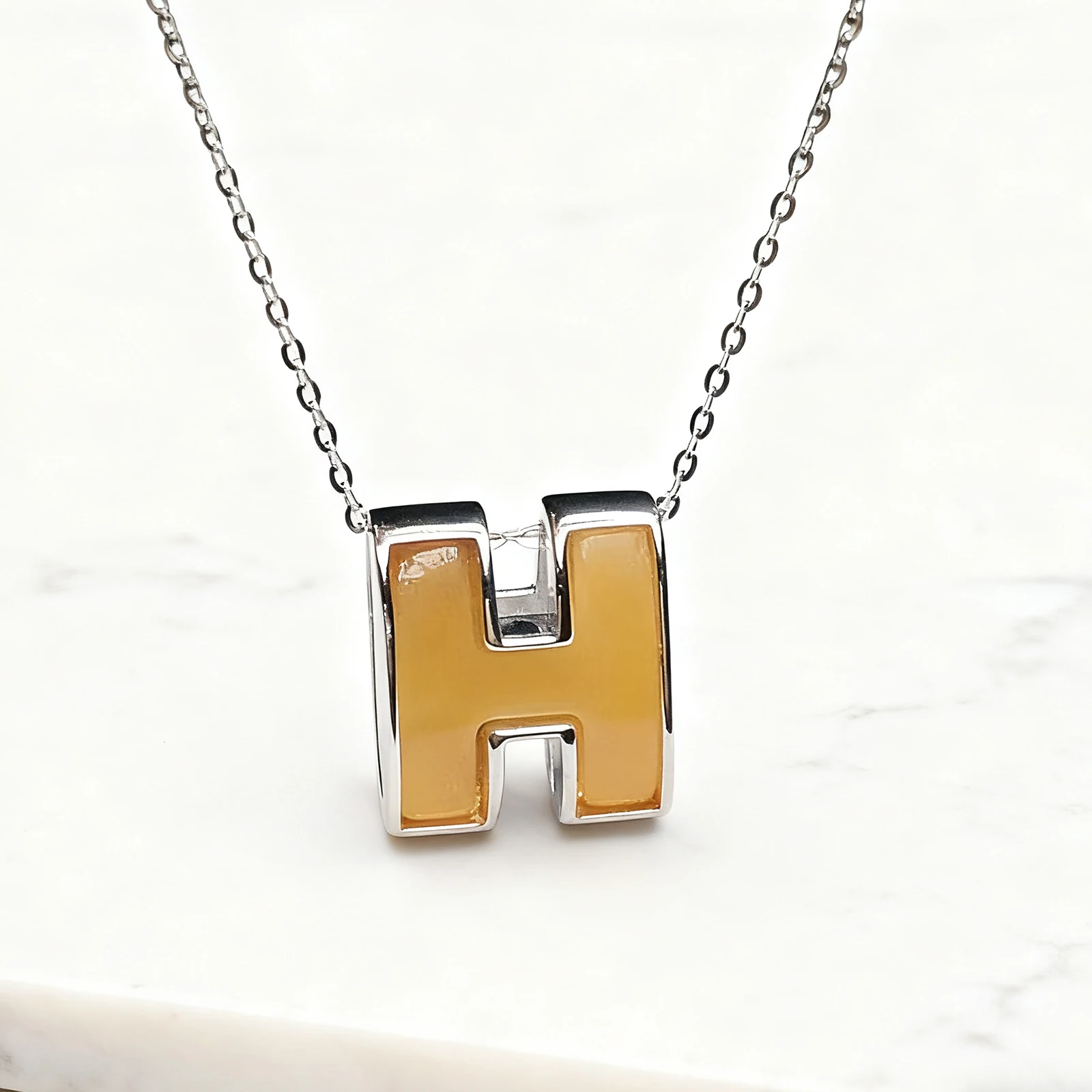 

Romantic Gift Gold H Pendant Necklace for Her 7mm Natural Amber 925 Silver Zircon Halo Wedding AnniversaryValentine'sDay Present