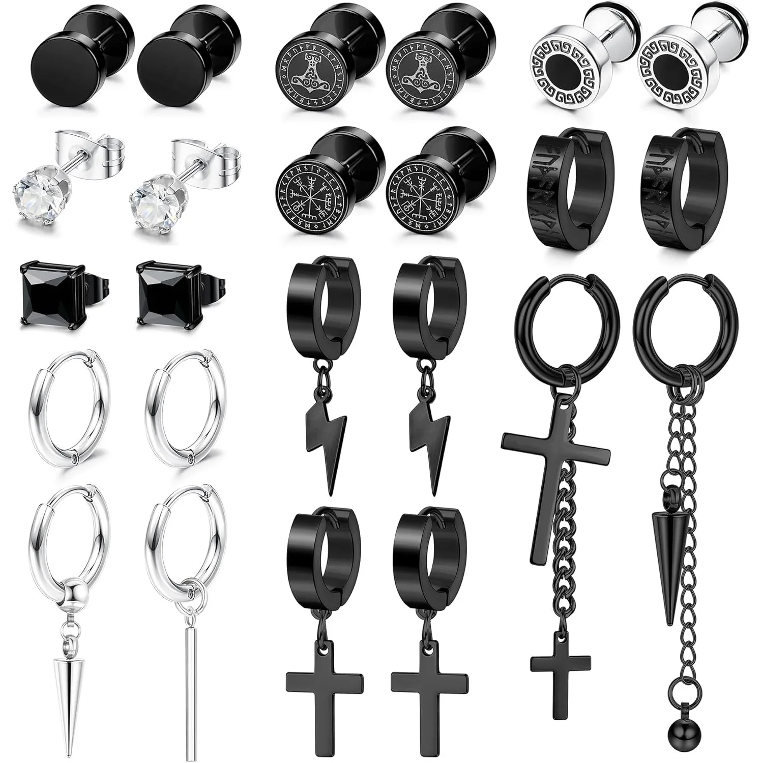 

Florideco 24Pcs Gothic Studs Hoop Set Stainless Steel Earrings for Men Women Square Cross Hoop Earrings Punk Earrings Halloween
