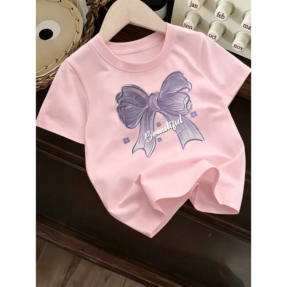 Children's Round Neck T-shirt Loose Comfortable Soft Skin Friendly Casual Versatile Fashionable Simple Purple Printed Top