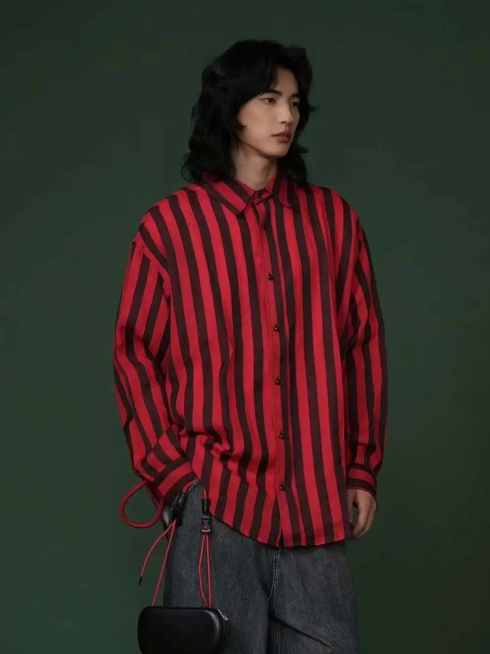 

Men's and Women's Matching Loose-Fitting Shirt Jacket - Men's American Retro Red and Black Striped Long-Sleeved Casual Shirt