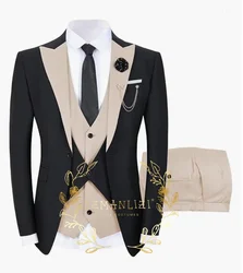 Traje de 3 piezas para hombre, esmoquin con solapa de pico, conjunto de trajes de boda, Blazer de negocios, chaqueta, pantalones y chaleco, color negro y Beige