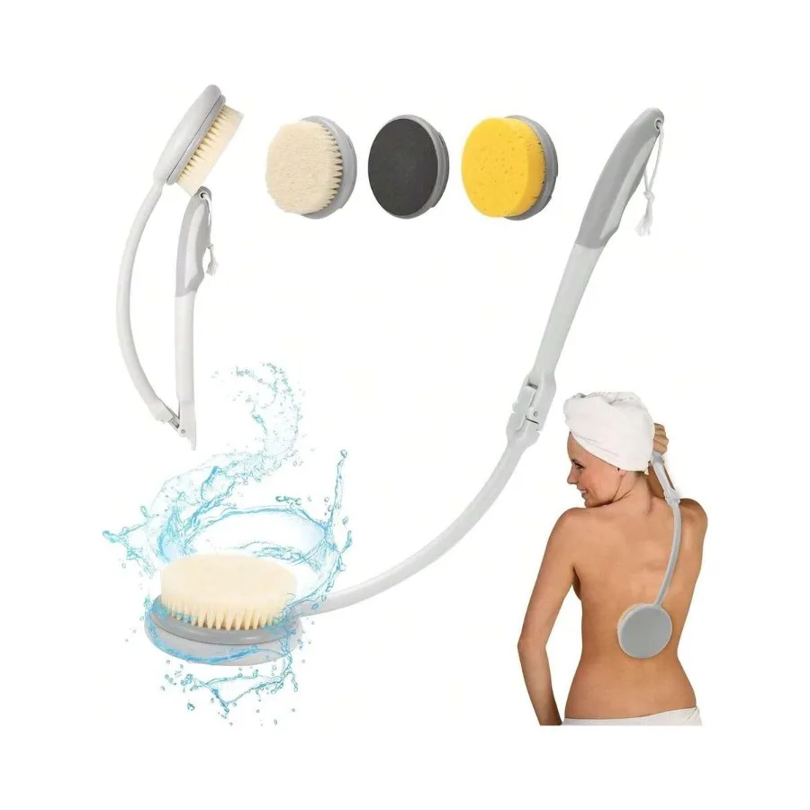 

【New style】, 3 In 1 Foldable Bath Brush Long Handle, Sponge Scrub Brush Body Washing, Foot Scrubber With Curved Handle Elderly,