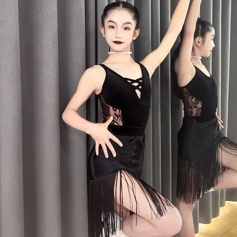 

Детский костюм для латинских танцев, черное кружевное платье с бахромой для девочек, одежда для соревнований по танцам ча-ча, румба, самба, платье для латинских танцев