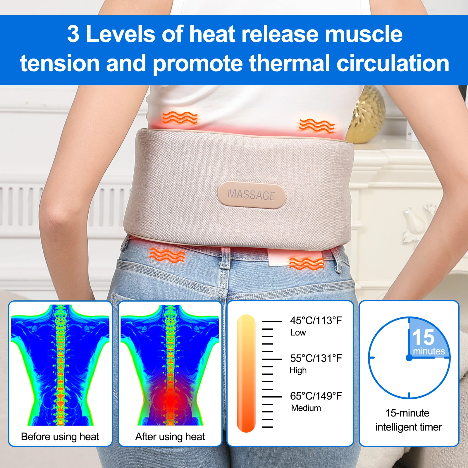 وسادة تسخين لاسلكية للظهر، مدلك الخصر الاهتزازي، مدلك حزام الخصر المحمول مع إيقاف تلقائي للأسفل والظهر والأسفلية