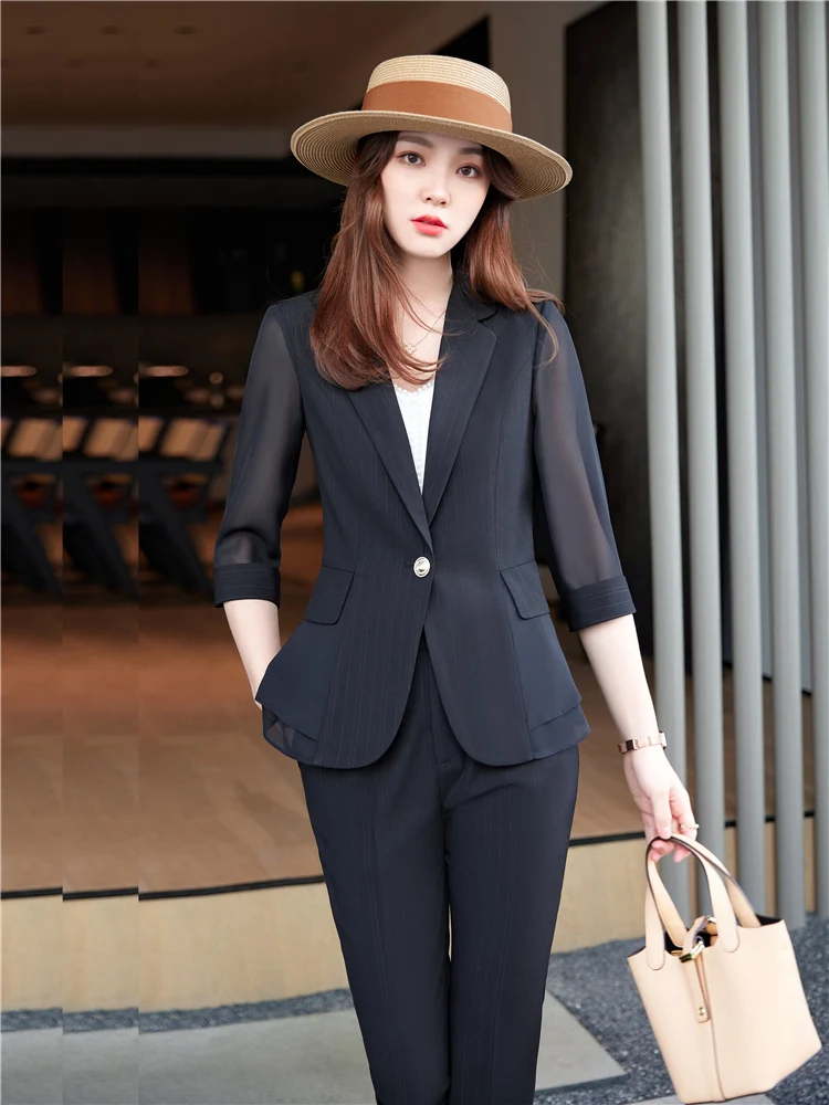 Women\'s Summer Pants Suit Elegant Women\'s Sets Blazer Trousers  Blue See-Through Sleeve Top Femalt Suit 2 Pieces 2024