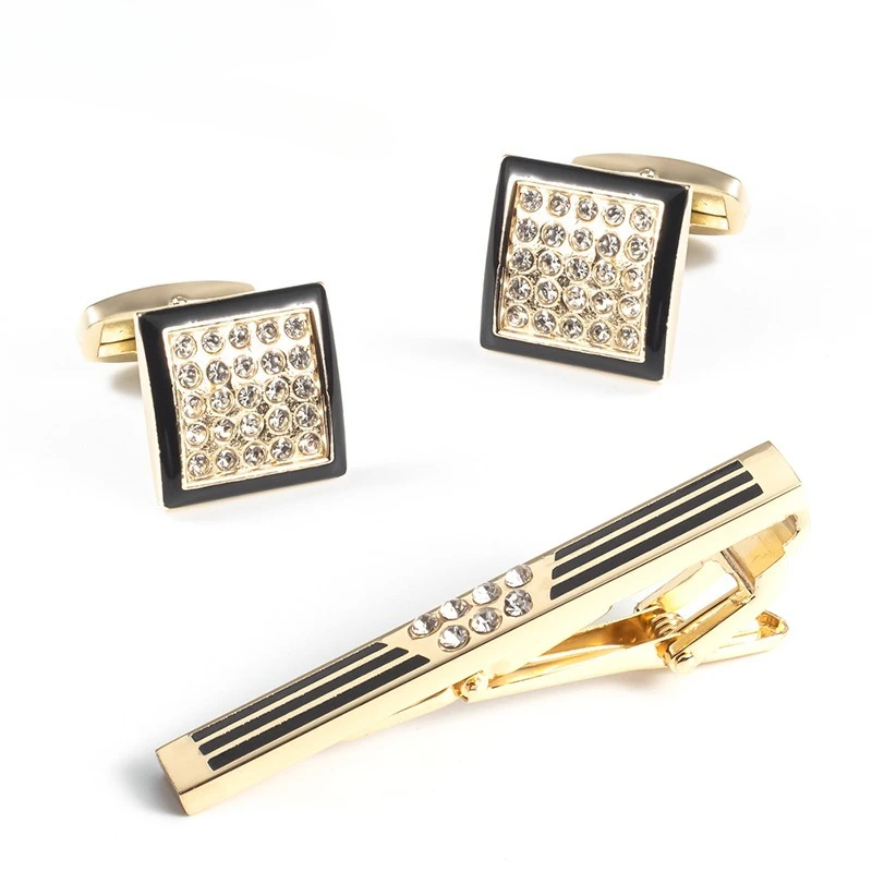 

Men's Luxury Gold Crystal Sunflower Cufflinks & Tie Clip Set French Style Copper Metal Business Wedding Accessories