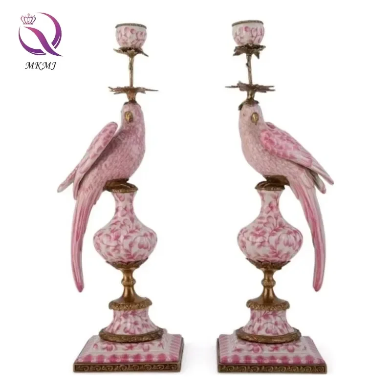 Chinese Porcelain Blue and White Candlesticks with Parrot Brass pink Candle Holder European Home Decoration Accessories