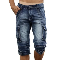 Mcikkny Vintage Men's Fashion Cargo Denim Shorts With Multi Pockets Slim Fit Military Jeans Shorts For Male Washed