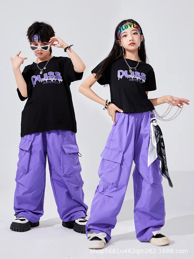 Boys Hip Hop Cool T-shirt Joggers Girls K-pop Street Dance Purple Cargo Pants Clothes Sets Kids Jazz Costume Children Streetwear