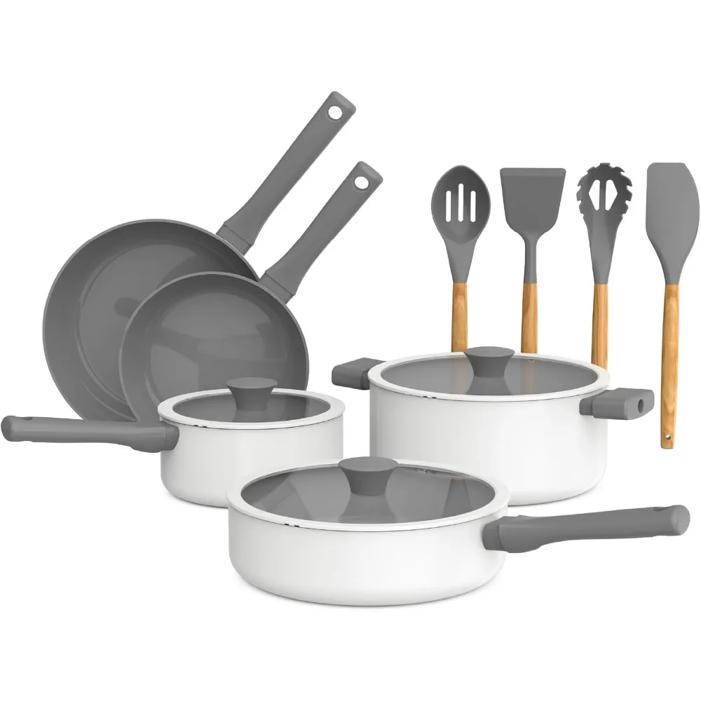 

12 Piece Cookware Set w EverGood™ Ceramic Nonstick Coating​ and Silicone & Wood Utensils, Dishwasher Safe Silicone & Glass Lids