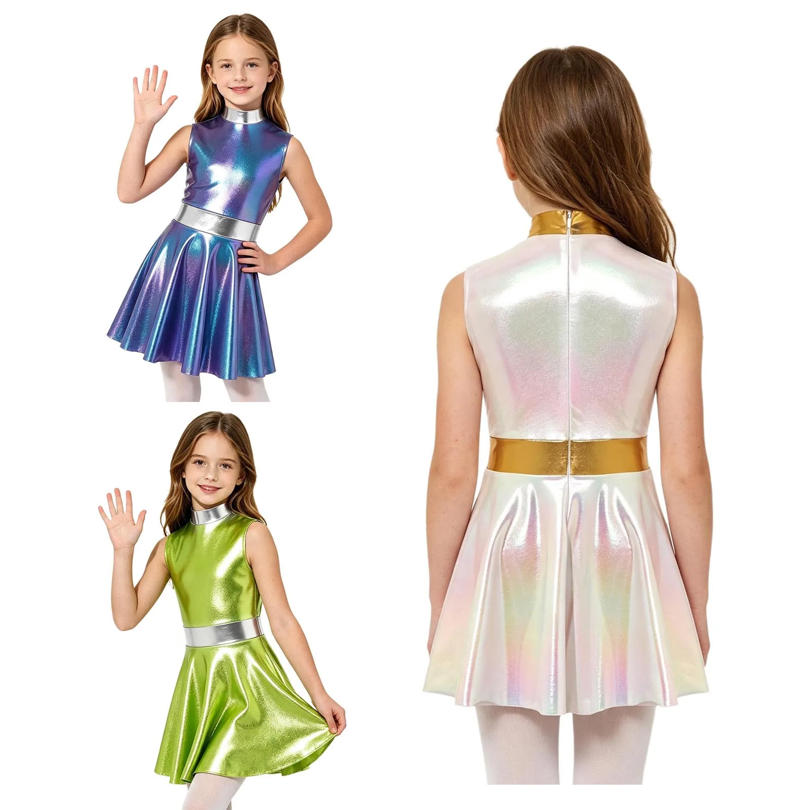 Kids Girls Korean Singer Costume Sleeveless Invisible Zipper Color-blocked Metallic Dress for Jazz Hip Hop Stage Performance