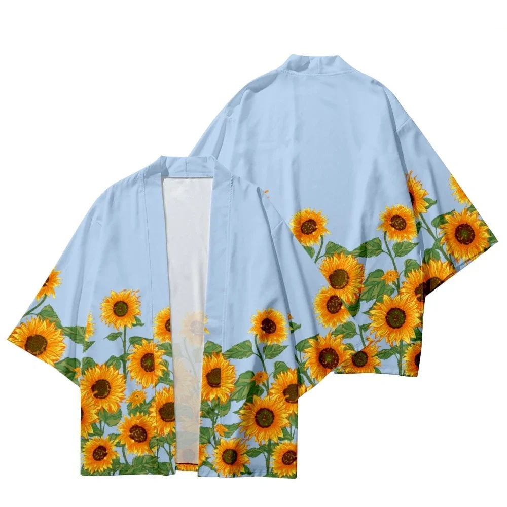 Japanese Sunflower Print Cardigan Kimono Traditional Haori Women Men Harajuku Yukata Shirt Beach Fashion Cosplay Streetwear Tops