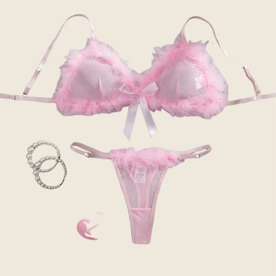 Ellolace Valentine Lingeries Sexy Hot Cute Bra Hilitos 2PC Romantic Intimate Fluffy Decor Pure Desire Fantasy Women's Underwear