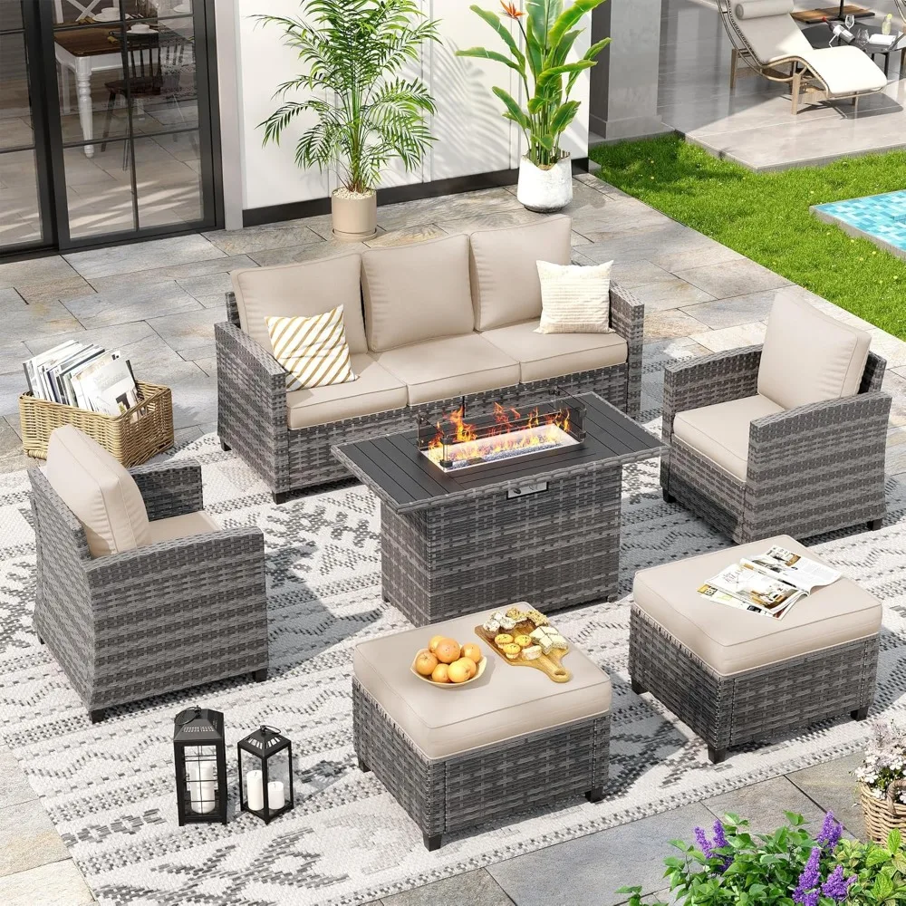 

Patio Furniture Set with Gas Fire Pit Table, Outdoor Sectional Conversation Sets, All-Weather Wicker Rattan Sofa w/Gas Fire Pit