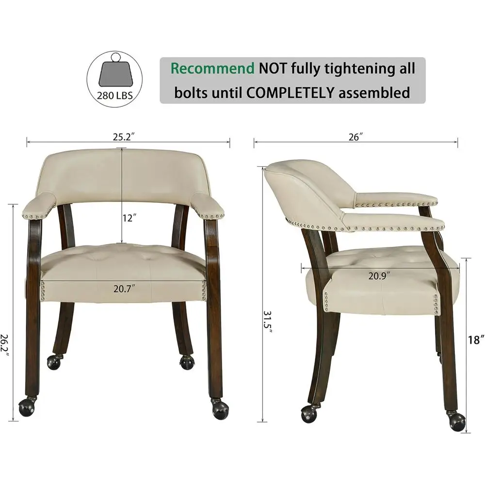 Dining Chair with Casters & Arms, PU Poker Chairs, 360° Move-Beige | Kitchen Table Rolling Chairs with Wood Legs, Dining Armchai