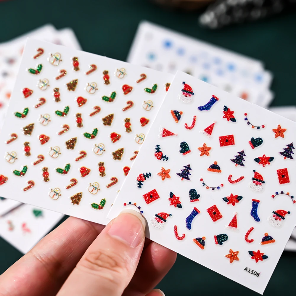 ﻿ 24/30pcs Glitter Fiocco di neve Mela rossa Babbo Natale Natale Decalcomanie per unghie 3D Kawaii Natale Nail Art Stickers Y2K Manicure Decor