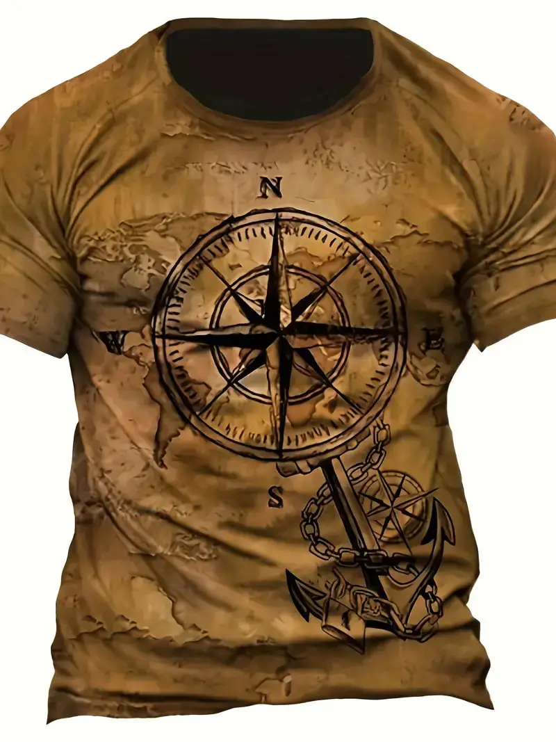 Retro Style Map Compass Graphic T shirts For Men 3D Pirate Ship Print T-shirt Summer Street Trend Short sleeve Top Oversized Tee