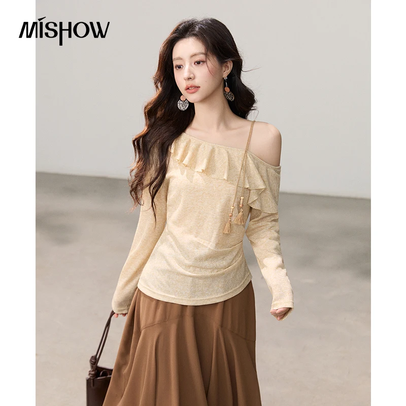 

MISHOW Women's Asymmetric Sloping Shoulder Ruffle Top 2026 Spring Ramie Fabric Tassel Long Sleeve Loose Knitted Top MXF16Z3030