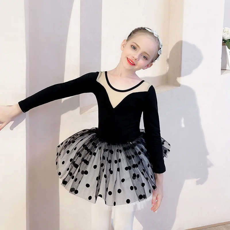 Black Dots Girls dance Training Skirt Childrens Ballet Tutu Dress Grading Split Ballet Dress Kids Long Sleeve Gymnastics Leotard