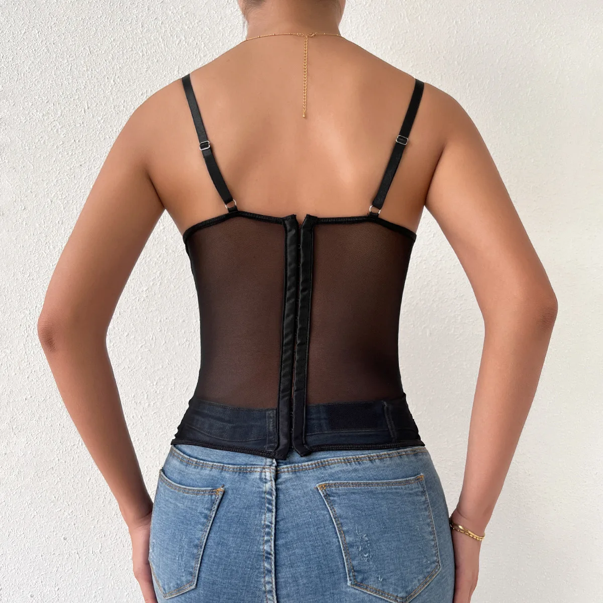 Corsé transparente de encaje negro para mujer, Top corto sin mangas, Tops Halter, corpiño, lencería, camisola, moda de verano