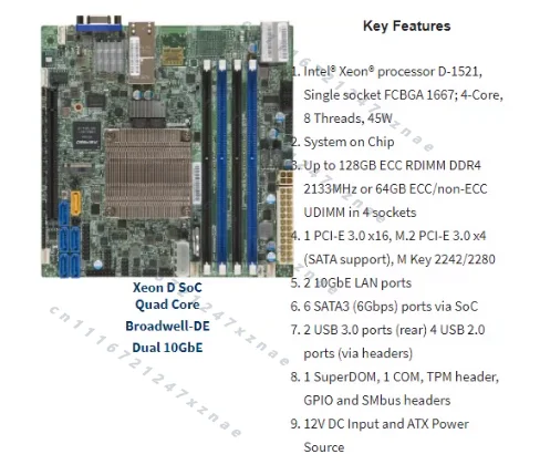 Fast Shipping，For Supermicro X10SDV-4C-TLN2F Xeon D-1521 PCIe X16 10Gbe M.2 IPMI ITX, DDR4 Server in Good Condition