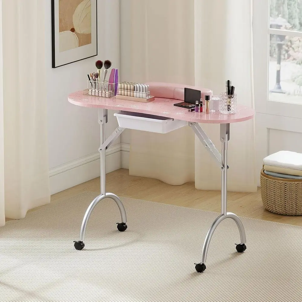 Portable Nail Table with Lockable Casters & Carry Bag, Mobile Manicure Desk or Home Studio (Pink)