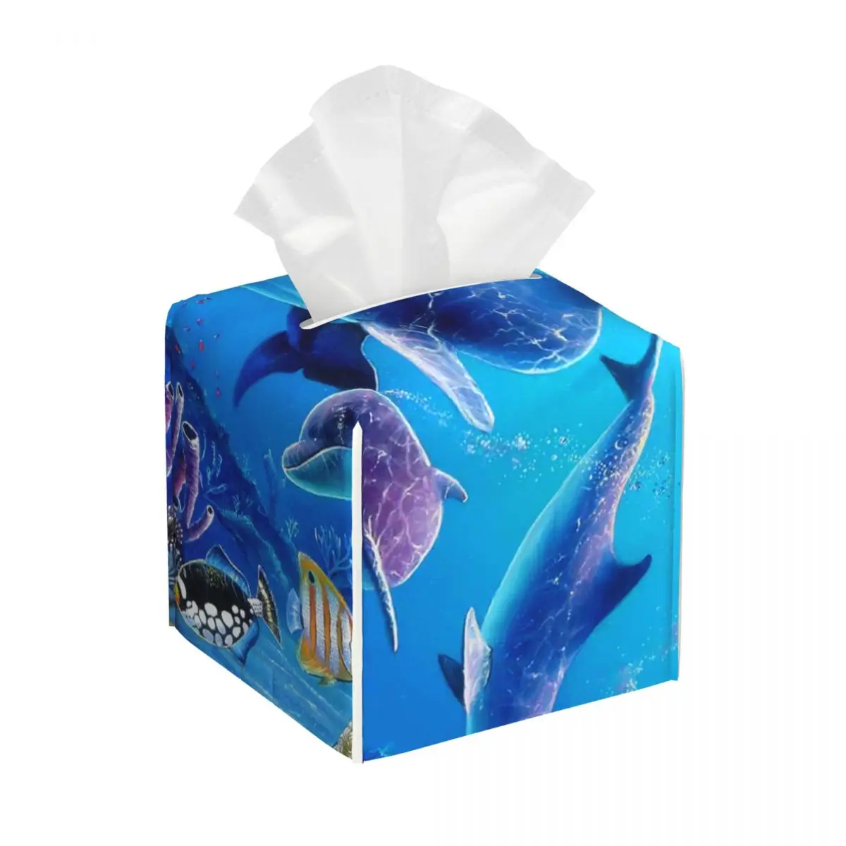 Custom Funny Dolphin Ocean Animal Facial Tissue Box Cover Square Sea Creature PU Leather Tissue Box Holder for Car Bathroom