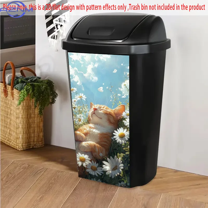1pc of 2D/FLAT, Self-Adhesive Trash Can Decals, Measuring  by  cm, Featuring a Serene Ginger Cat in a Daisy Field Beneath a Sk