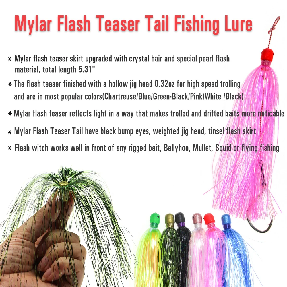 Wifreo Mylar Flash Teaser Tail Weighted Head Fishing Lures Bait Jig Head Flasher Skirt Lures Chartreuse/Blue/Blue/White