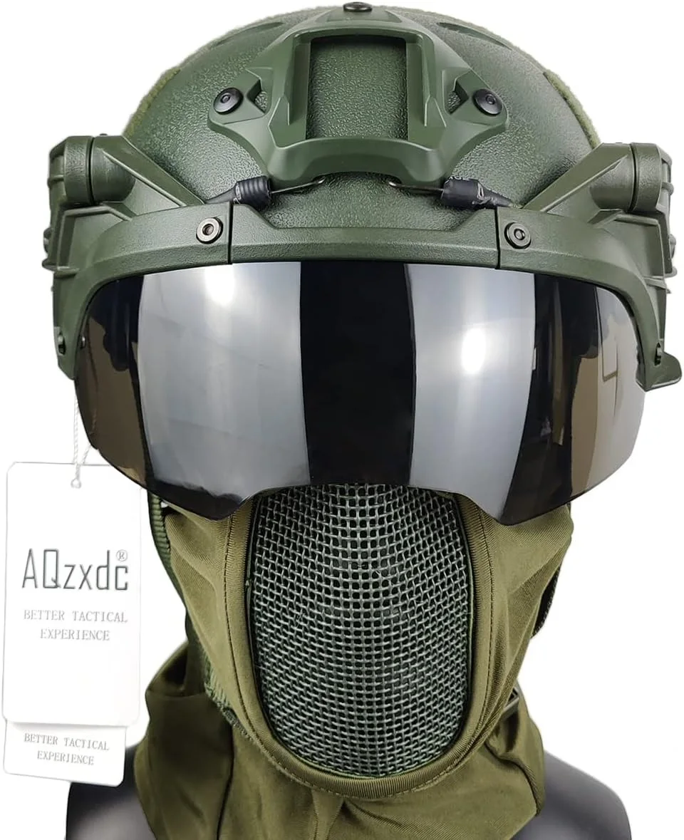 Airsoft Tactical Helmet with Flip Type Goggles Visor, Tactical Hood with Steel-Mesh Mask, for Airsoft Paintball Game Shooting CS