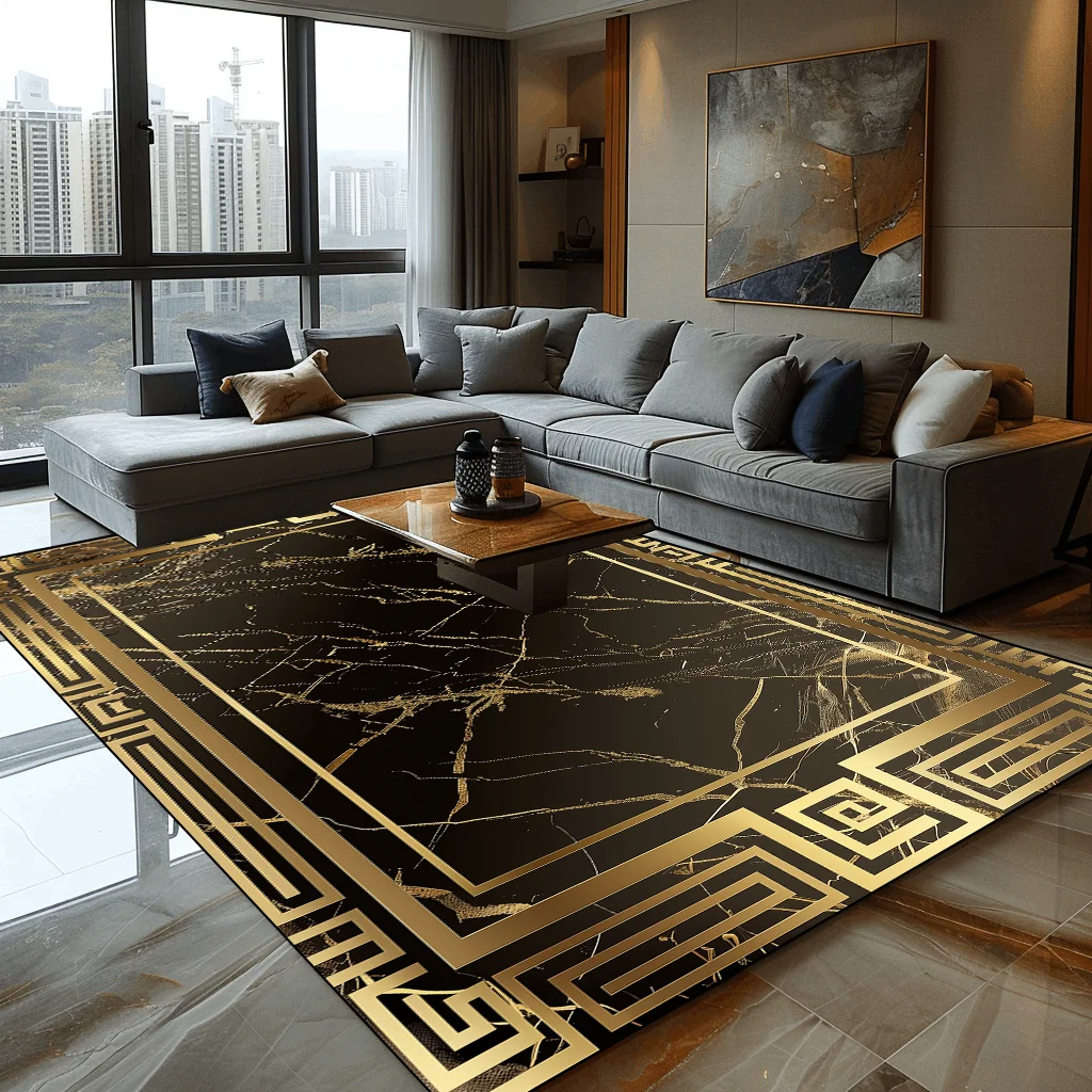 European Style Golden Decorative Rug for Living Room Luxury Marble Coffee Tables Mat Large Area Non-slip Washable Bedroom Carpet