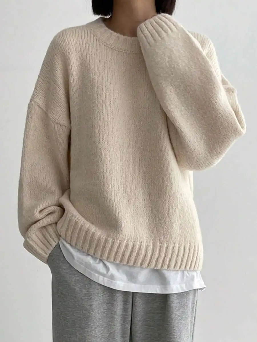 

Cream Oversized Drop Shoulder Knit Sweater, Long Sleeve Loose Fit Top for Fall