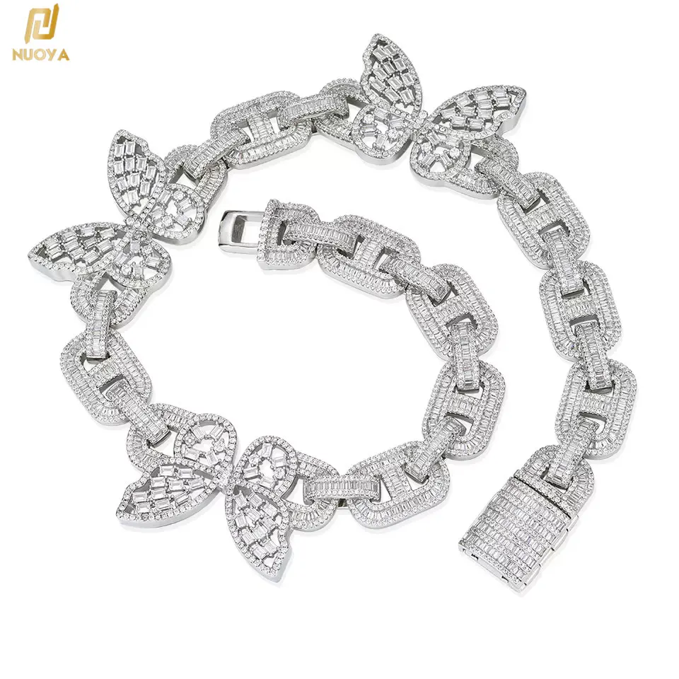 

New style Iced Out Butterfly Cuban Link Necklace Bling Lab Diamond Silver Cuban Link Chain Choker