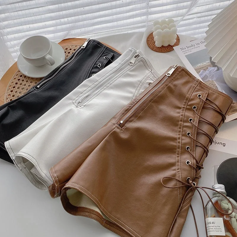 Fashion Girl PU Leather Lace Up Shorts Toddler Teen Child Leather High Waist Shorts Wide Leg Short Pant Baby Clothes 2-16Y