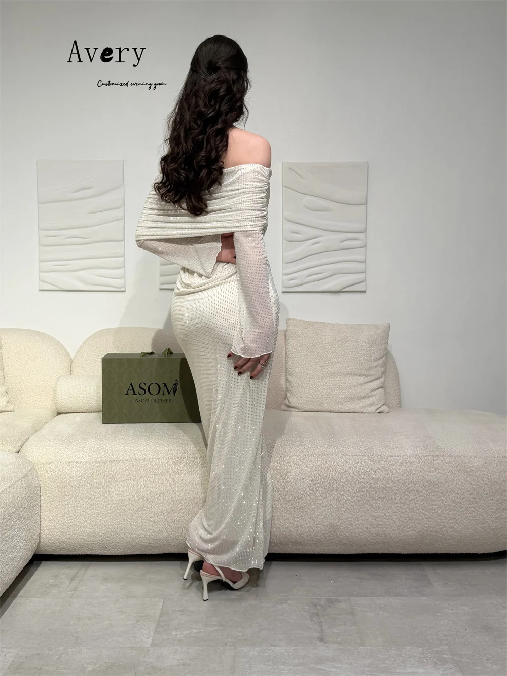 Avery Custom Fishtail Off-shoulder Long Sleeves Rhinestones Luxurious Evening Dress 2026 Woman Evening Dresses for a Wedding